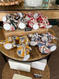 Soaps wrapped in colorful fabrics on display